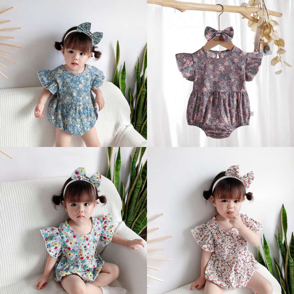 Áo liền thân họa tiết hoa + phụ kiện nơ đáng yêu cho bé