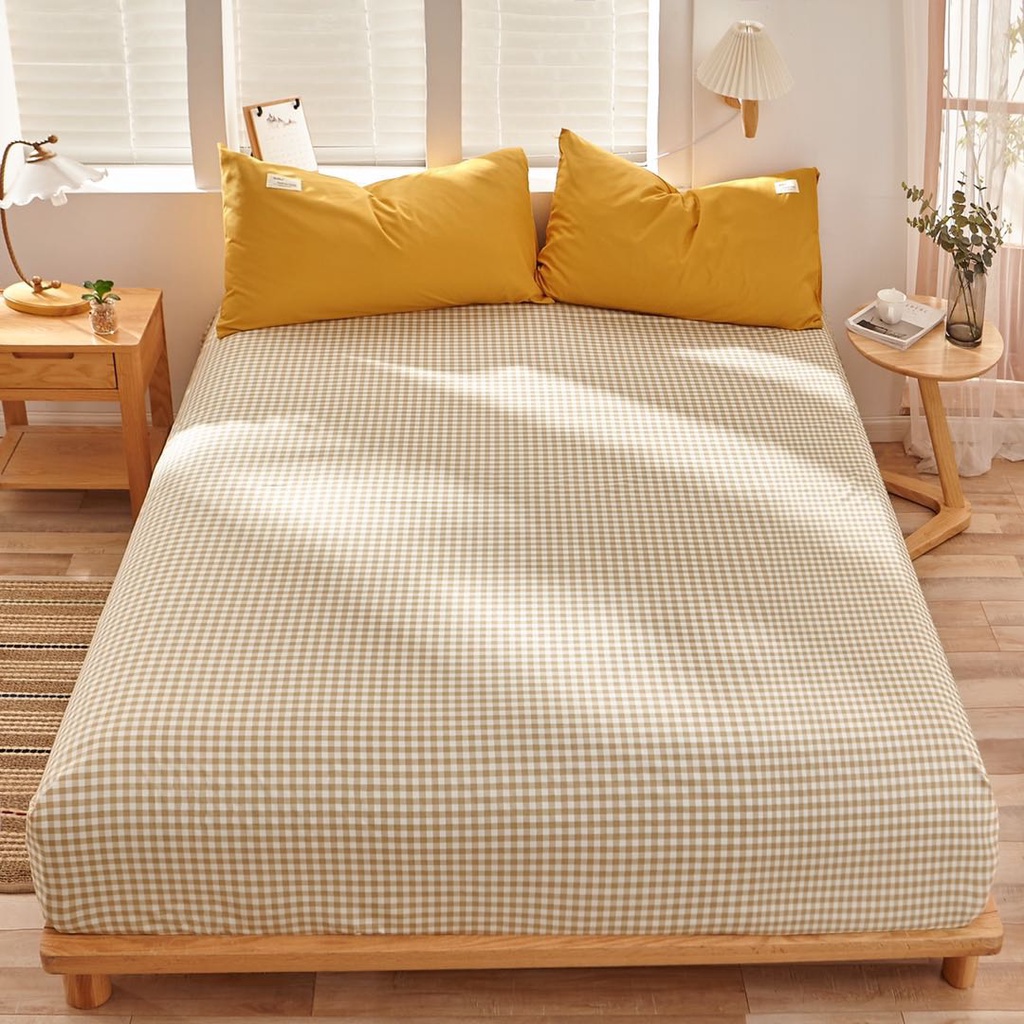 Bộ chăn ga gối cotton tici mix drap caro Lidaco cotton đũi trơn dày decor phòng ngủ vintage đủ mọi cỡ nệm