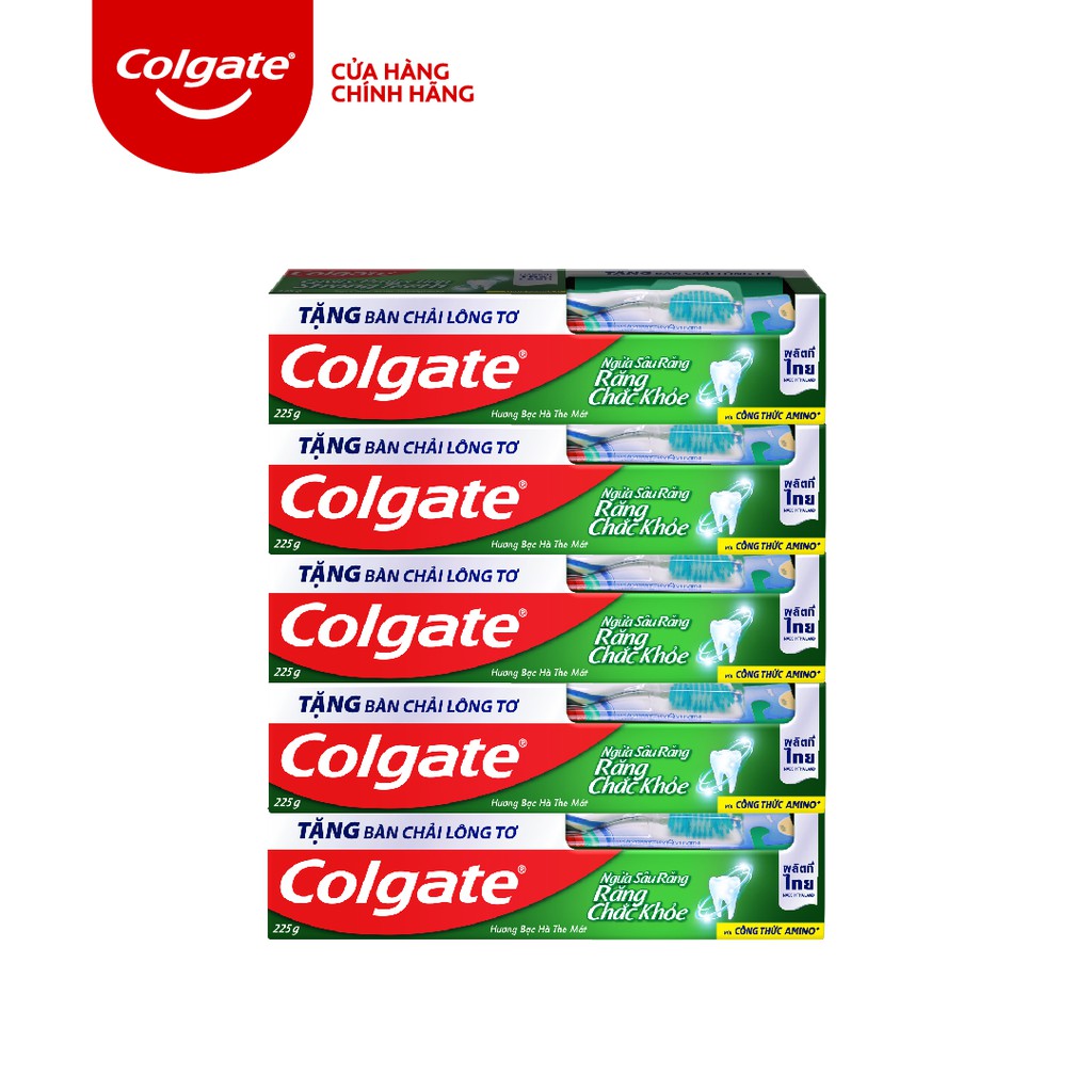 [Mã COSCOLL12 giảm 10% đơn 150K] Bộ 5 Kem đánh răng Colgate ngừa sâu răng tối đa 225g/hộp tặng bàn chải đánh răng lông t