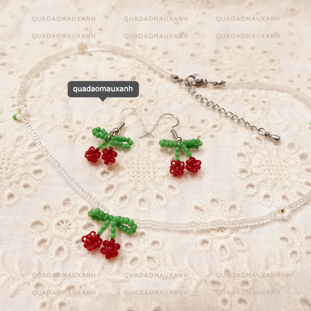 Set Cherry cổ điển, khuyên tai hình quả Anh Đào, vòng cổ choker [không co giãn] hạt cườm nhí trong suốt #Quadaomauxanh