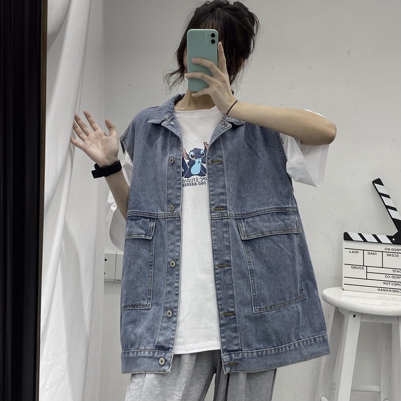 Áo Khoác Denim Không Tay Dáng Rộng Phong Cách Thời Trang Đường Phố Cho Nữ