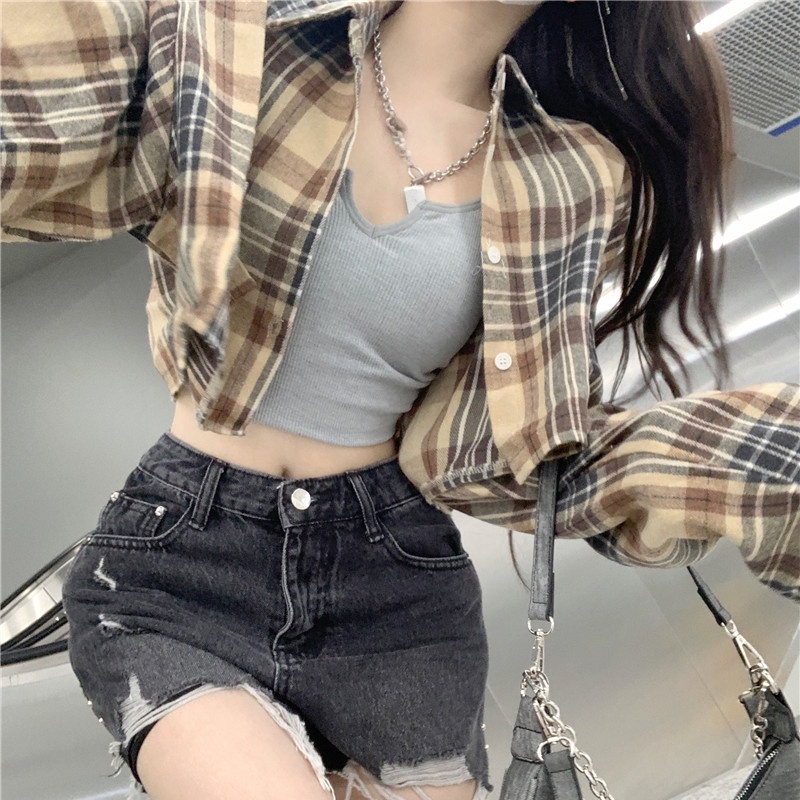 Áo Sơ Mi Nữ Ca Rô Dài Tay Cổ Bẻ Thời Trang Hàn