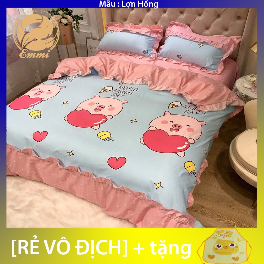 Bộ Chăn Ga Gối Cotton Đũi Bánh Bèo Emmidecor