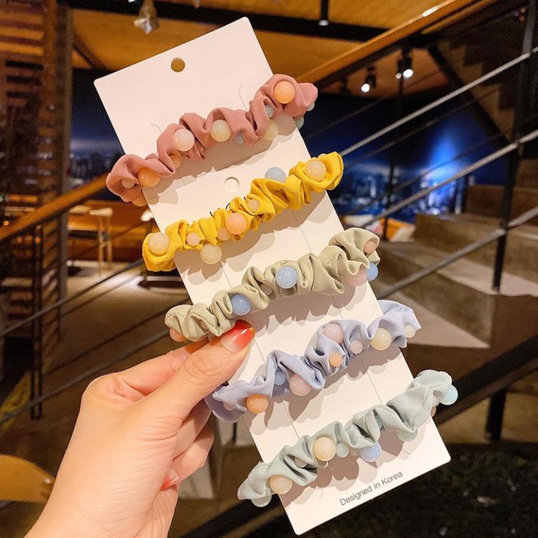 Dây Buộc Tóc Vải SOLANO Dây Buộc Tóc Scrunchies Nữ Đính Phụ Kiện Ngọc Nhân Tạo Xinh Xắn FAH-001255