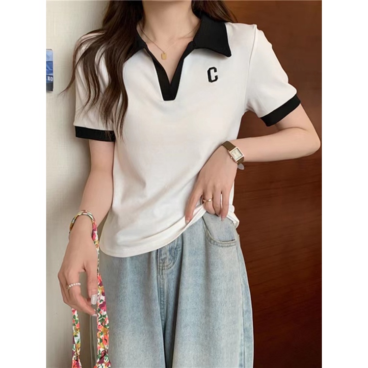 Áo polo Tay Ngắn Cổ Chữ V Thêu Chữ C Màu Sắc Tương Phản Phong Cách Hàn Quốc Thời Trang Mùa Hè 2022 Dành Cho Bạn Nữ