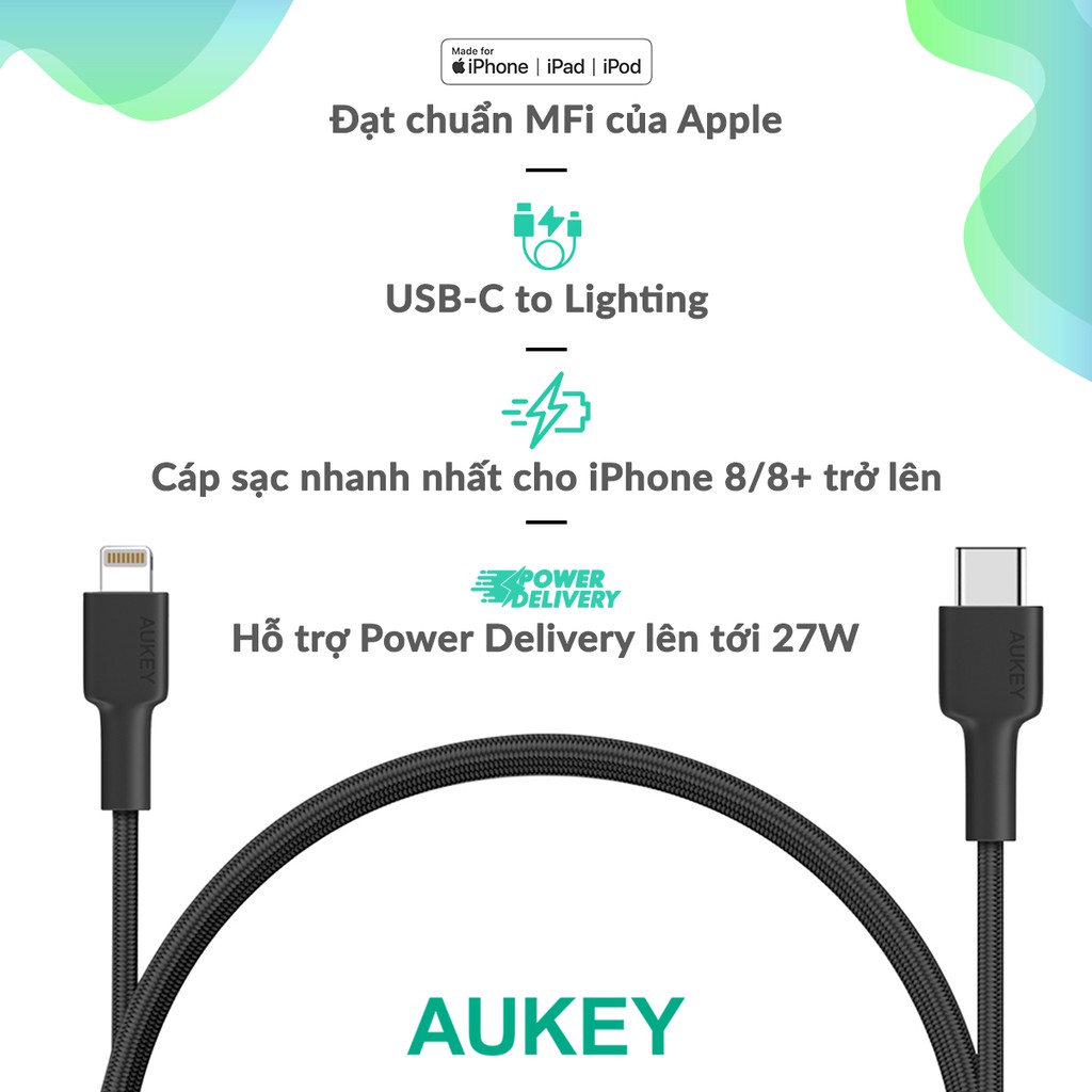 Cáp Sạc Nhanh iPhone C To Lightning Aukey CB-CL 1.2 - 2m MFi, PD 18W, Bện Nylon 2 Lớp