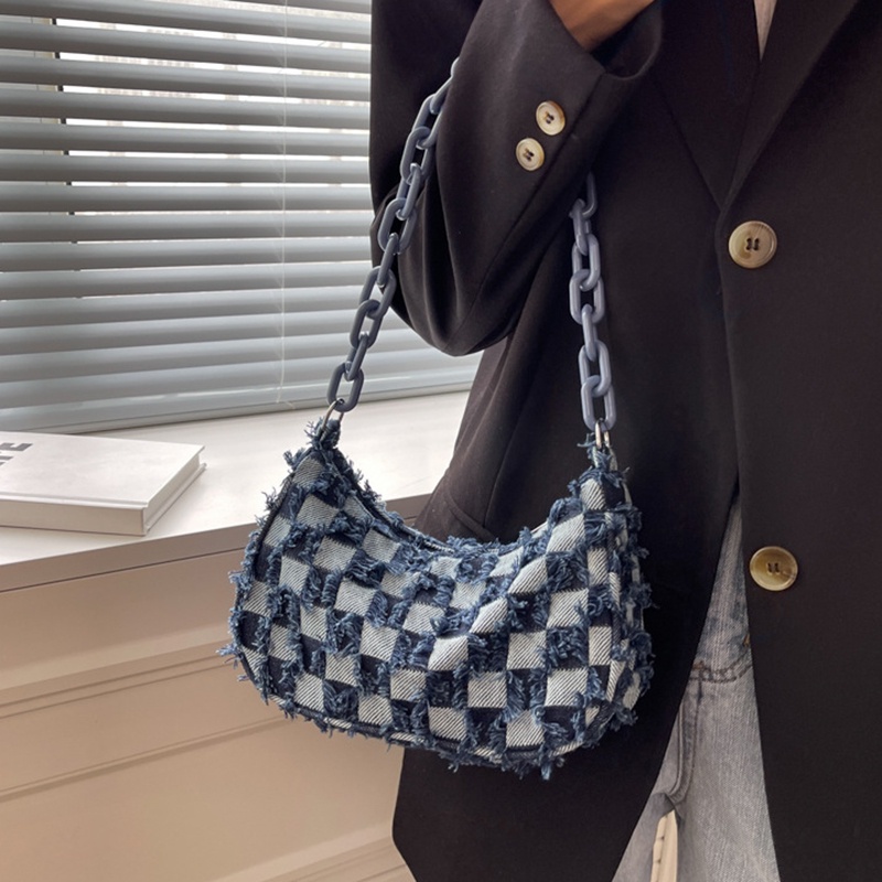 Túi IELGY đeo vai vải denim họa tiết kẻ sọc thời trang cho nữ