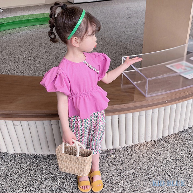 Set Áo Tay Ngắn Phồng Cổ Tròn Và Quần Lửng Họa Tiết Hoa Phong Cách Hàn Quốc Dành Cho Nữ