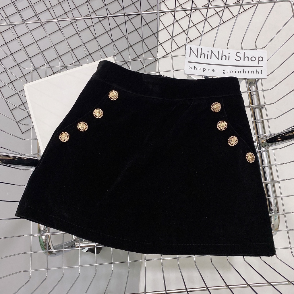 Chân váy nhung dáng A đính khuy đồng có lót quần trong CV1616 - NhiNhi Shop
