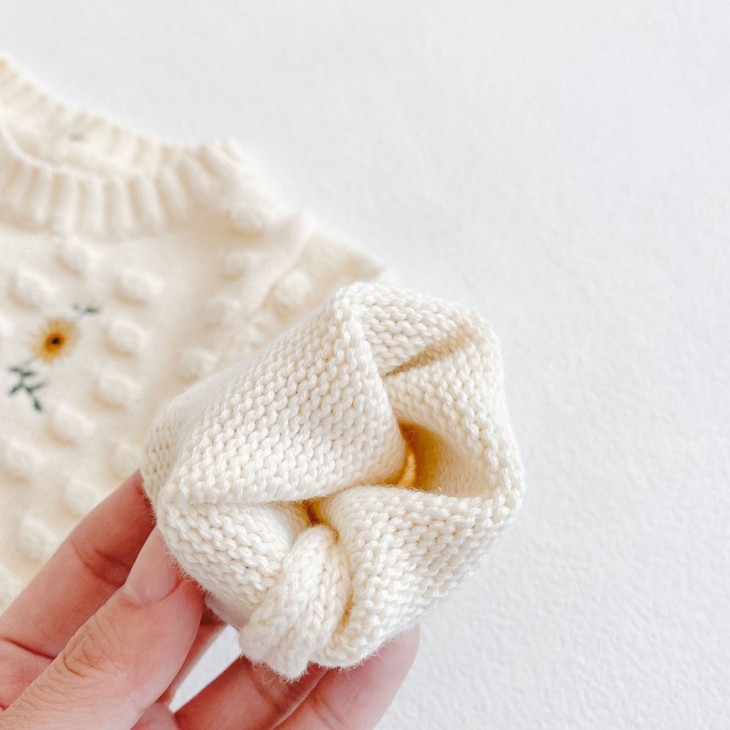 Áo Liền Quần Tam Giác Đan Len Thêu Hoa Hướng Dương Thời Trang Mùa Xuân Cho Bé Gái