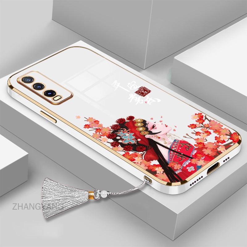 ốp lưng vivo y20i y12s y20s y12a y20 Mạ điện TPU Vỏ mềm silicone Guofeng Character Case điện thoại với dây buộc tua