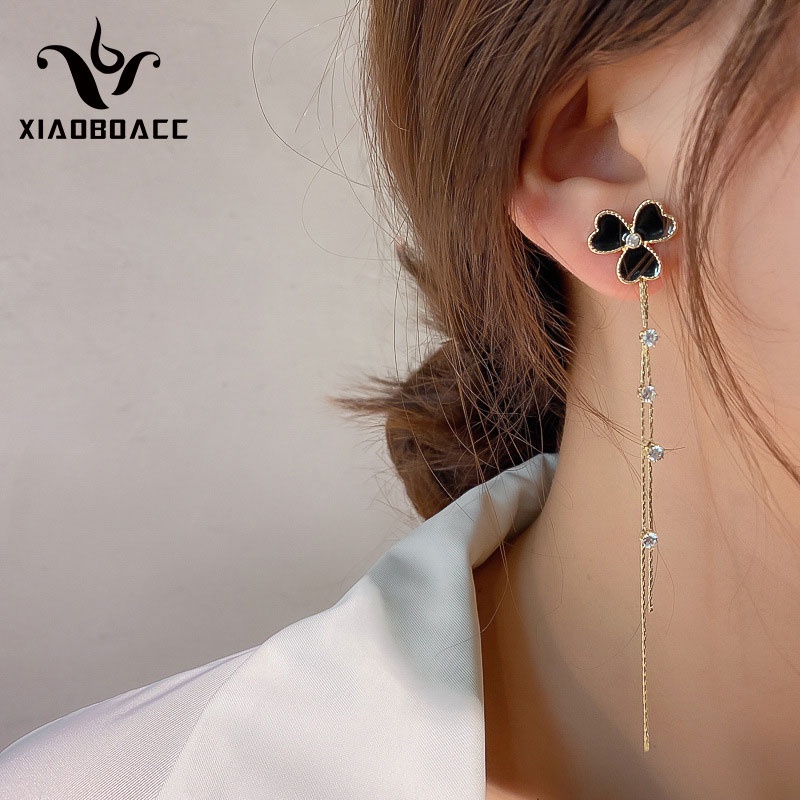 XiaoboACC Khuyên tai kim bạc 925 hình hoa màu đen phối tua rua đính đá zircon xinh xắn cho nữ