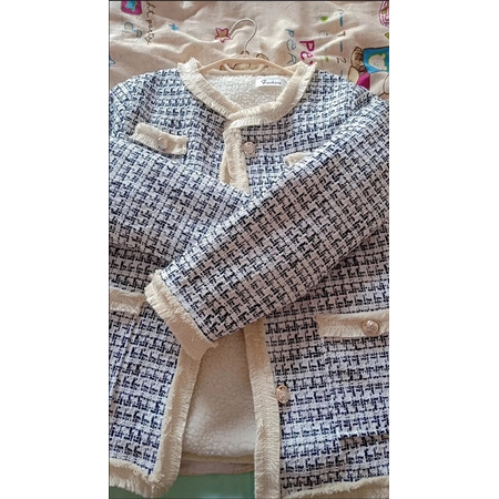 Áo dạ tweed kẻ ô tua rua hàng Quảng châu lót bông