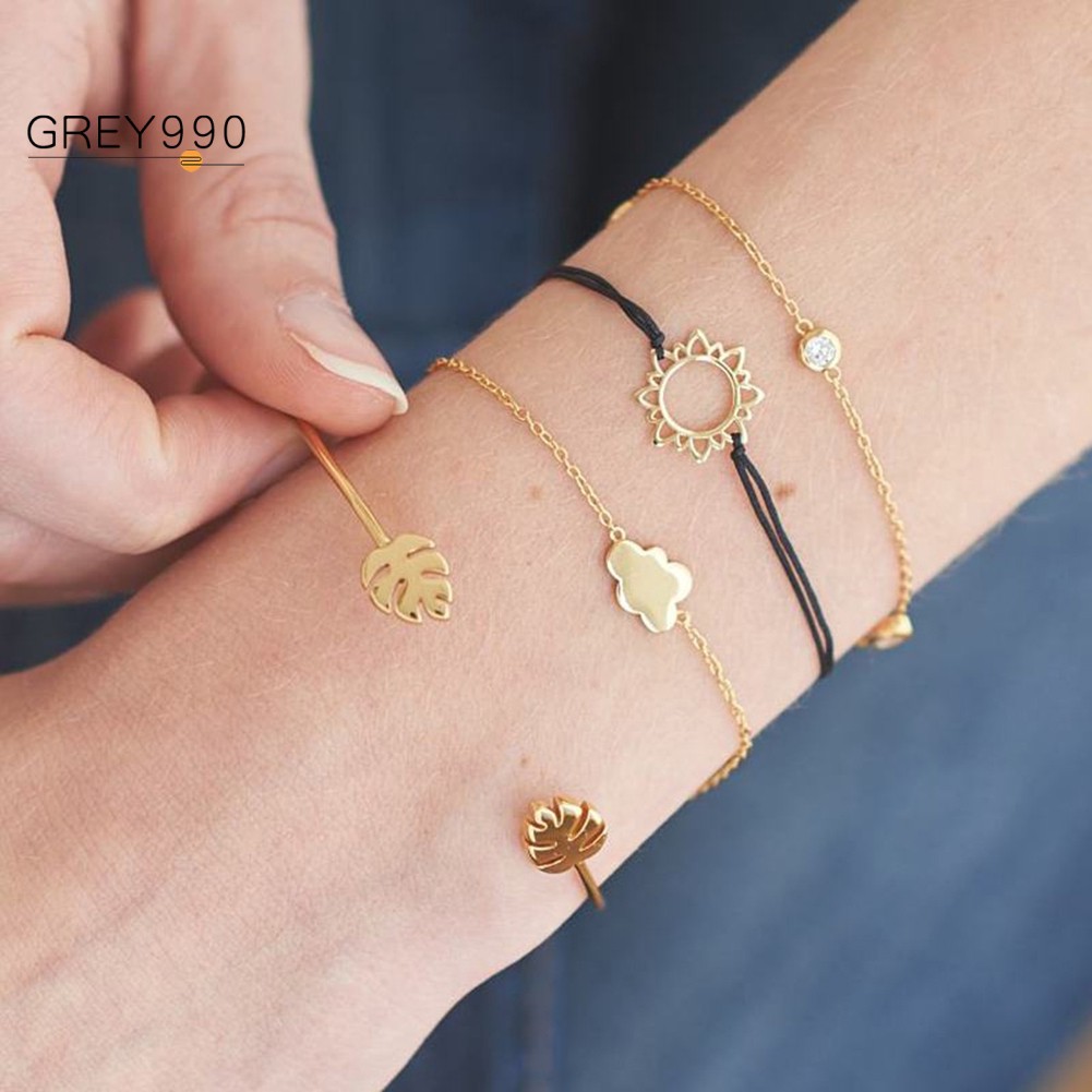 4Pcs Women Jewelry Leafs Inlaid Bangle Bracelet