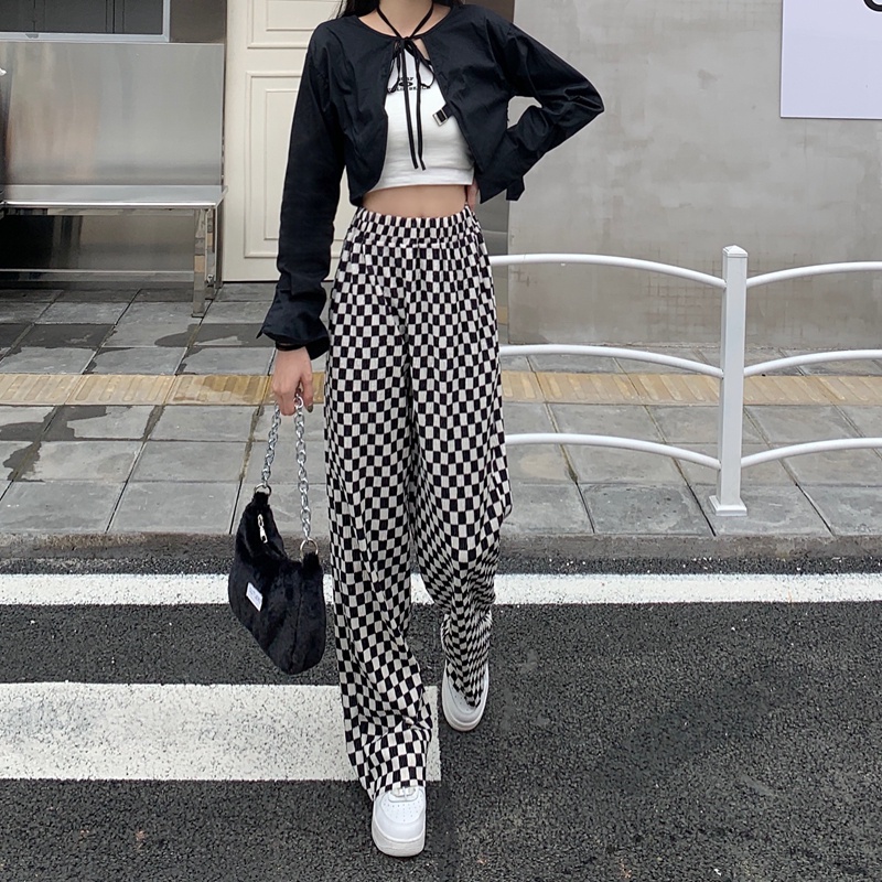 SUXI Quần ống rộng Họa Tiết Sọc Caro Phong Cách Retro Hàn Quốc Thời Trang Cho Nữ