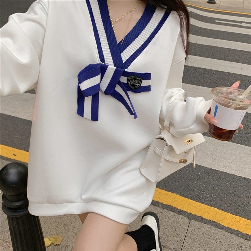 COZOK Áo sweater dáng rộng đính nơ kiểu Hàn Quốc dễ thương