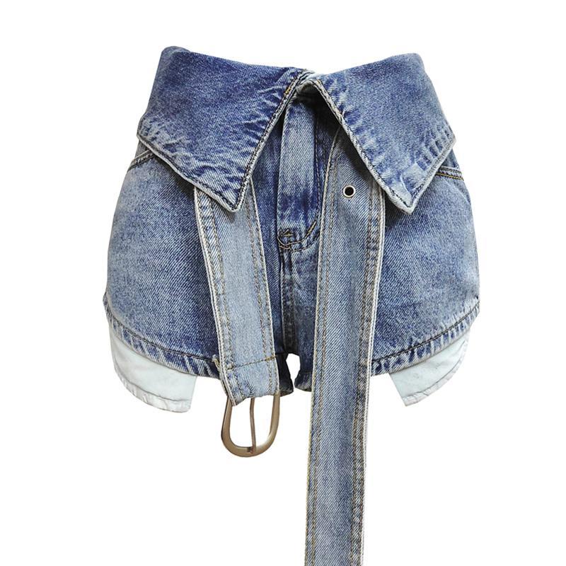 Quần Short Denim Lưng Cao Giả Hai Lớp Phong Cách Mỹ Thời Trang Mùa Hè Cho Nữ