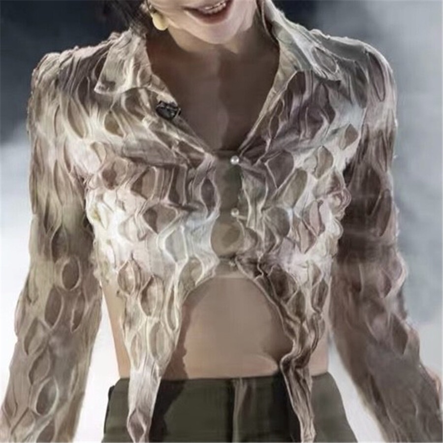 Kliou Áo Lửng Tay Dài Xuyên Thấu Cài Nút Thời Trang Quyến Rũ Cho Nữ