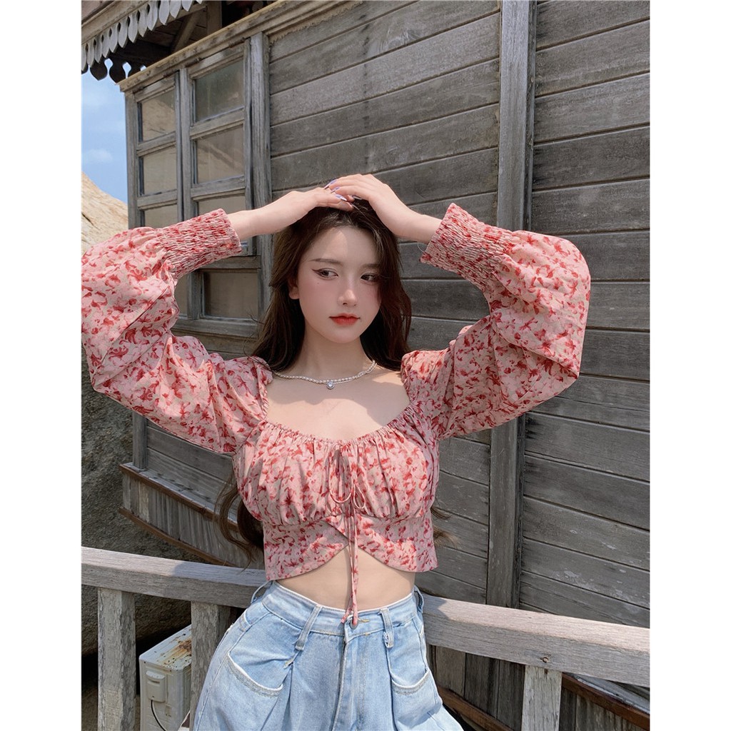 Cocory vn Áo croptop tay dài cổ vuông phối nơ cột đáng yêu cho nữ