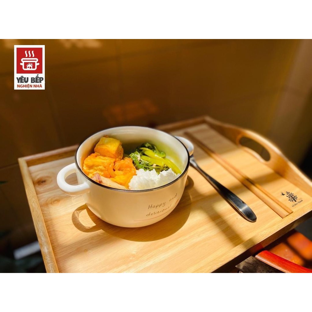 Khay Gỗ Cao Su Tự Nhiên Đức Thành Hình Chữ Nhật Có Tay Cầm 21741- Khay Dành Cho Món Cơm/Mì Pasta/Bánh Kem/Tráng Miệng