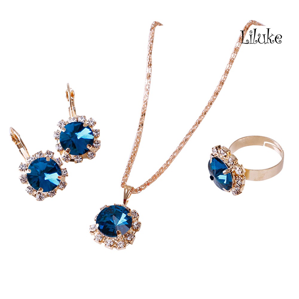 Bộ Vòng cổ + Nhẫn + Đôi Khuyên Tai Mặt Kim Cương Giả Sang Trọng Thời Trang Cho Nữ