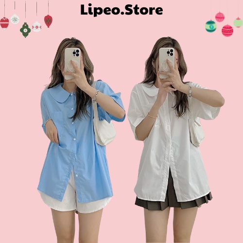 Áo sơ mi cổ sen form rộng tay lỡ Basic
