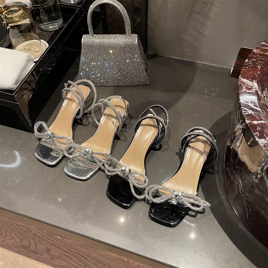Giày Cao Gót Cột Dây Đính Đá Kim Cương Giả Hình Vuông Thắt Nơ Phong Cách Roman 2022 Dễ Phối Đồ