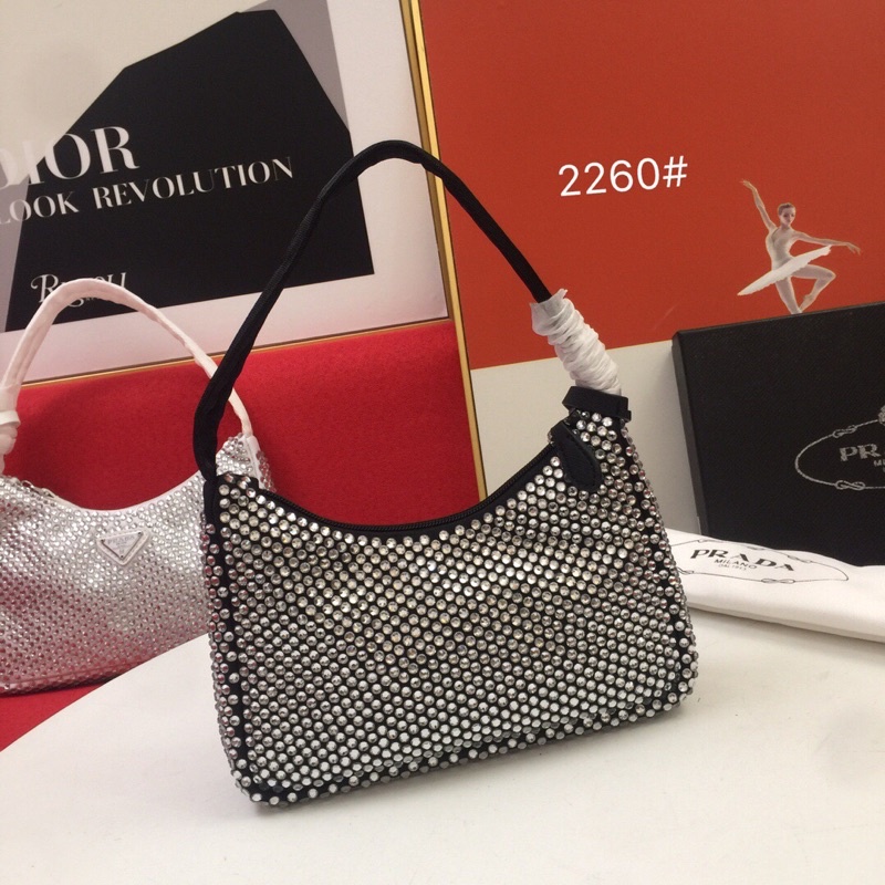 Túi xách/đeo nữ vai logo thương hiệu Prada Hobo 2021 cao cấp mẫu mới hoạ tiết đính hạt lấp lánh