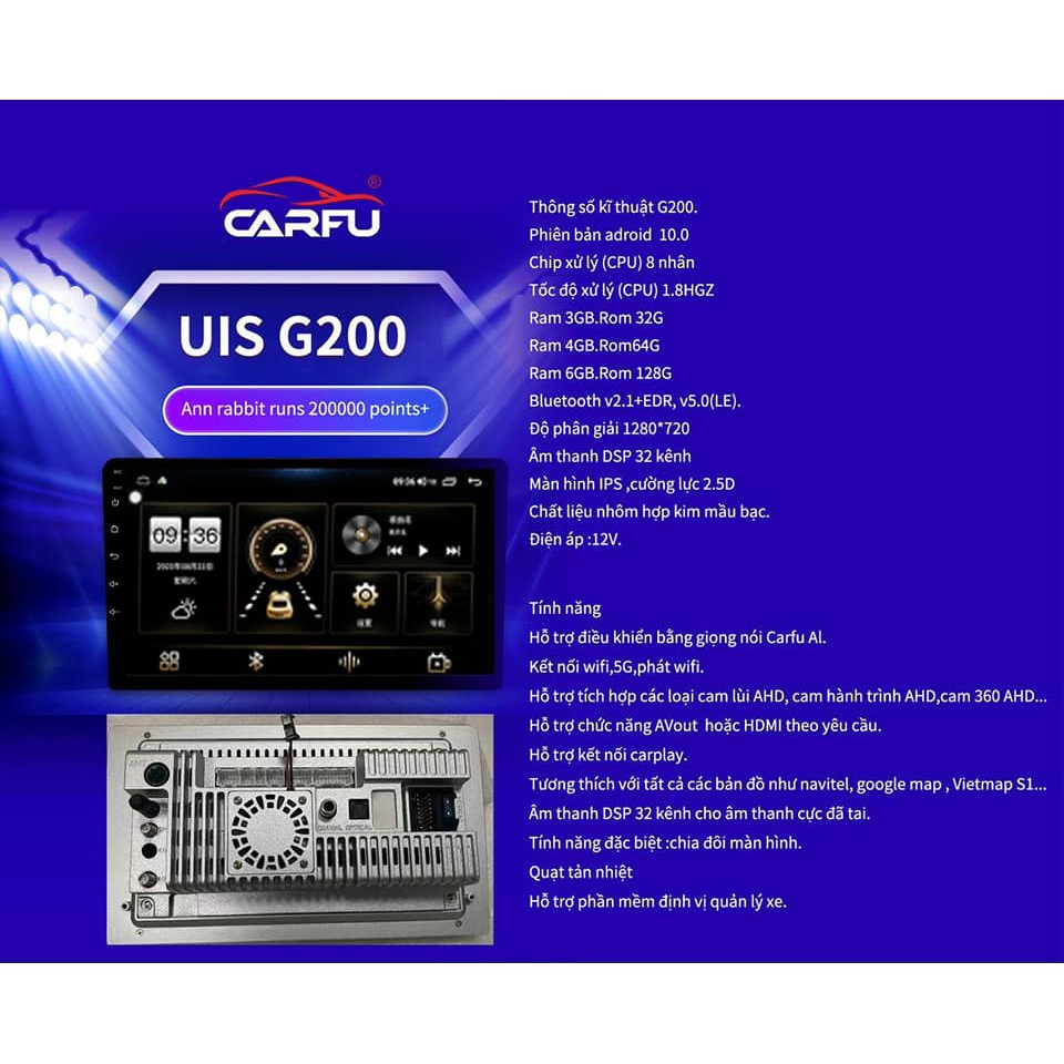 Màn hình android Carfu G200/ G200Pro 4G/5G chip 8 nhân Ram 3Gb/32Gb 4Gb/64gb thế hệ mới