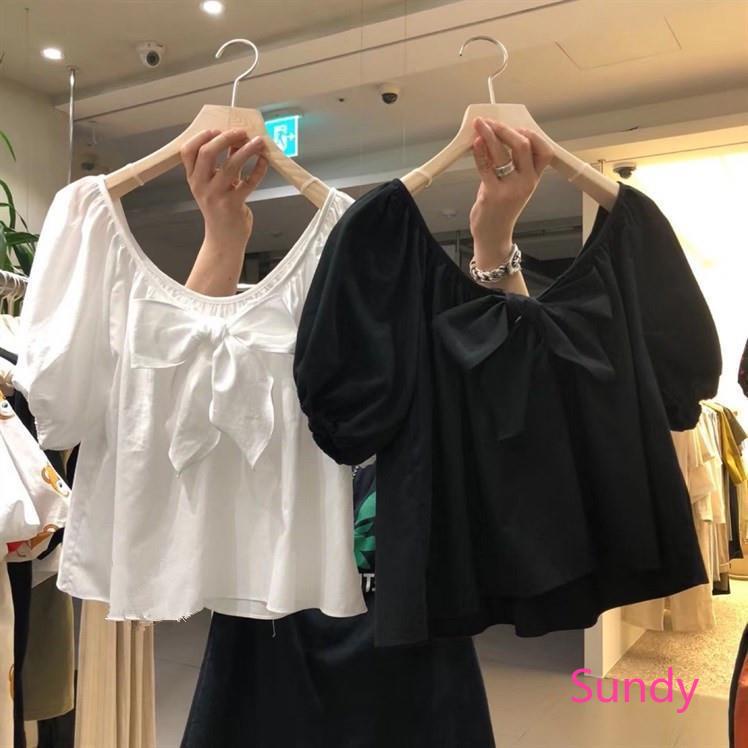 Áo Kiểu Tay Phồng Đính Nơ Màu Trơn Phong Cách Hàn Quốc Plus Size Dành Cho Nữ