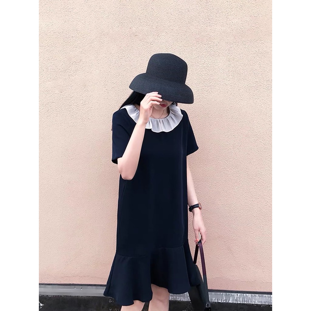 Váy bầu bigsize thiết kế GuMe dáng suông đuôi cá xéo phối cổ bèo chất vải sạn lụa cao cấp size từ 40-100kg MB241