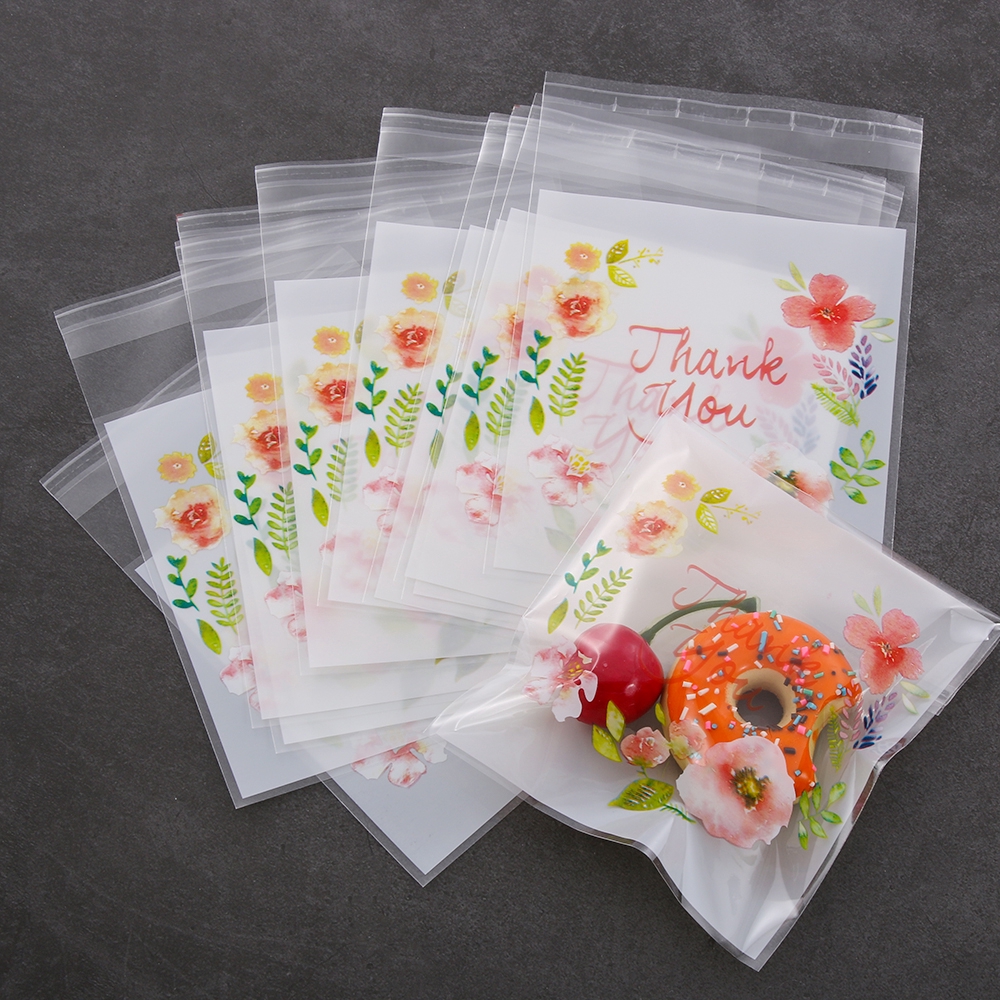 Set 100 túi nhựa họa tiết chữ Thank You phối hình hoa đựng bánh Cookie làm quà tặng độc đáo