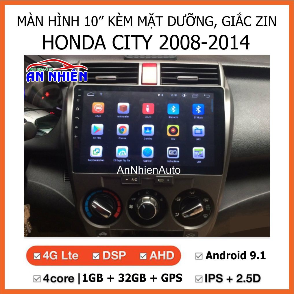 Màn Hình 10 inch Cho Xe CITY (2008-2014) - Màn Hình DVD Android Tặng Kèm Mặt Dưỡng Giắc Zin Cho Honda City