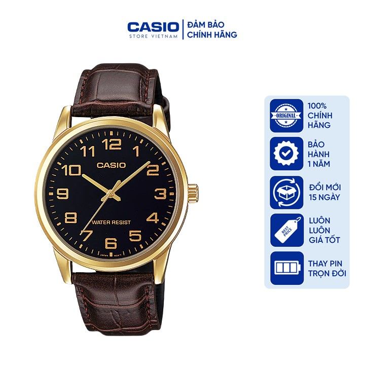 Đồng hồ Nam Casio MTP-V001GL-1B, đồng hồ chính hãng, dây da đen, mặt đen viền vàng