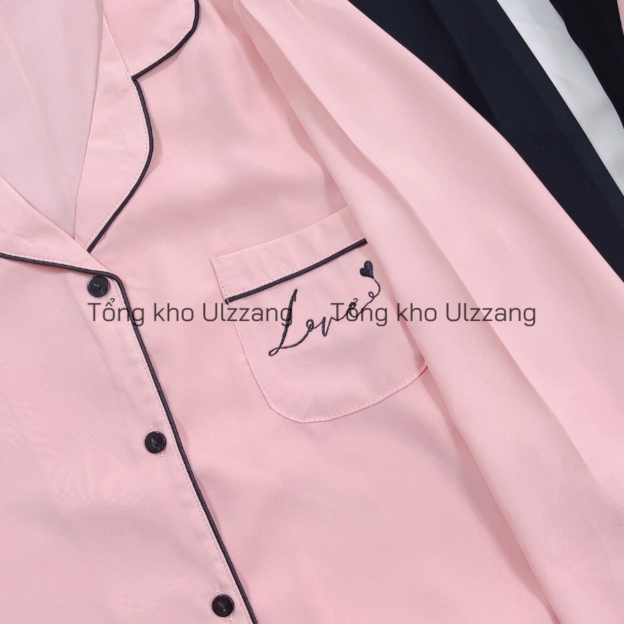 [ẢNH/VIDEO THẬT] Bộ Pijama Lụa Dài Tay Cao Cấp Thêu Chữ Love Chất Mềm Mịn Không Nhăn Hàng Thiết Kế