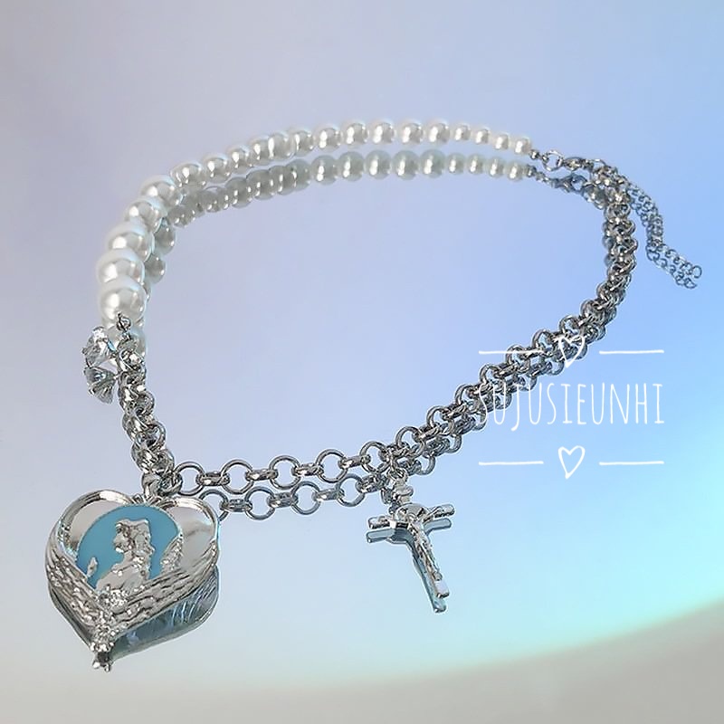 (2 mẫu) vòng cổ ngọc phối xích đính chữ thập, trái tim xanh lục bản to