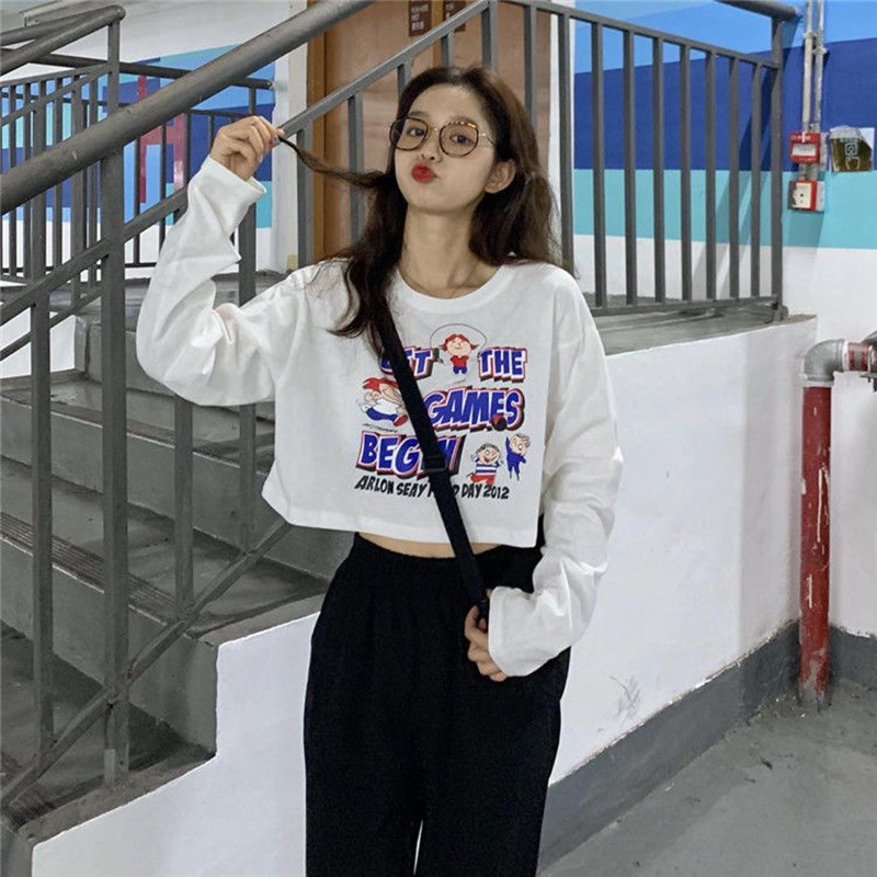 Áo Thun Croptop Tay Dài Kiểu Hàn Quốc 2 Màu Lựa Chọn Cho Nữ