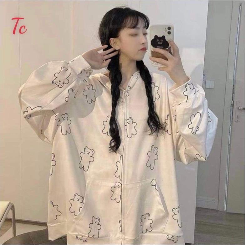 Áo khoác nỉ mũ in gấu khoá dây kéo Tc