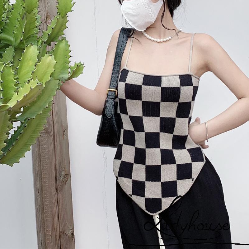 Áo hai dây dài tay họa tiết caro màu sắc đơn giản cho nữ