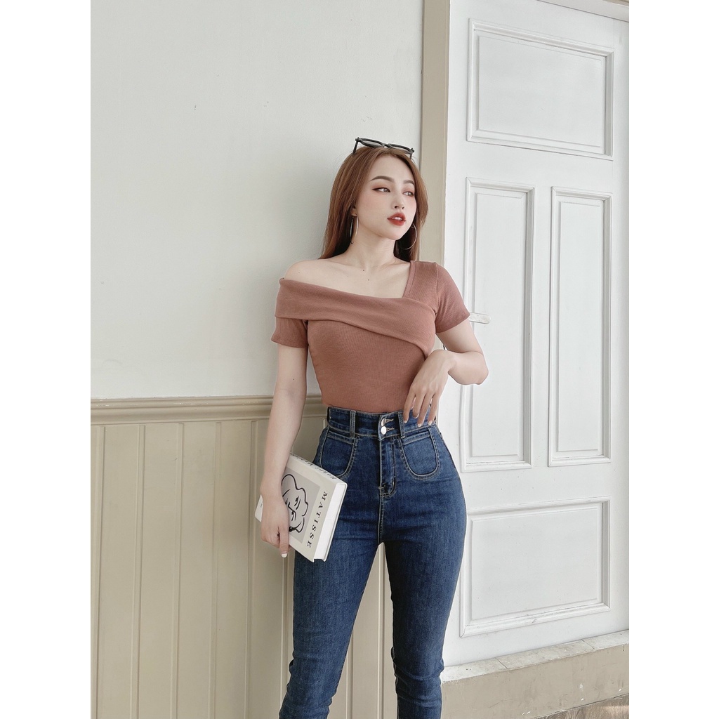 Áo thun nữ cộc tay lệch vai, áo kiểu nữ ngắn tay full bảng màu hot hè