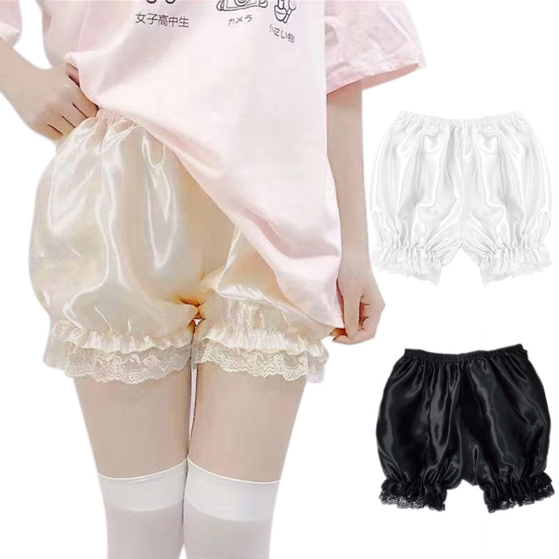 Quần ống rộng kiểu quả bí ngô chất vải lụa satin bóng viền bèo ren phong cách lolita thời trang cho nữ