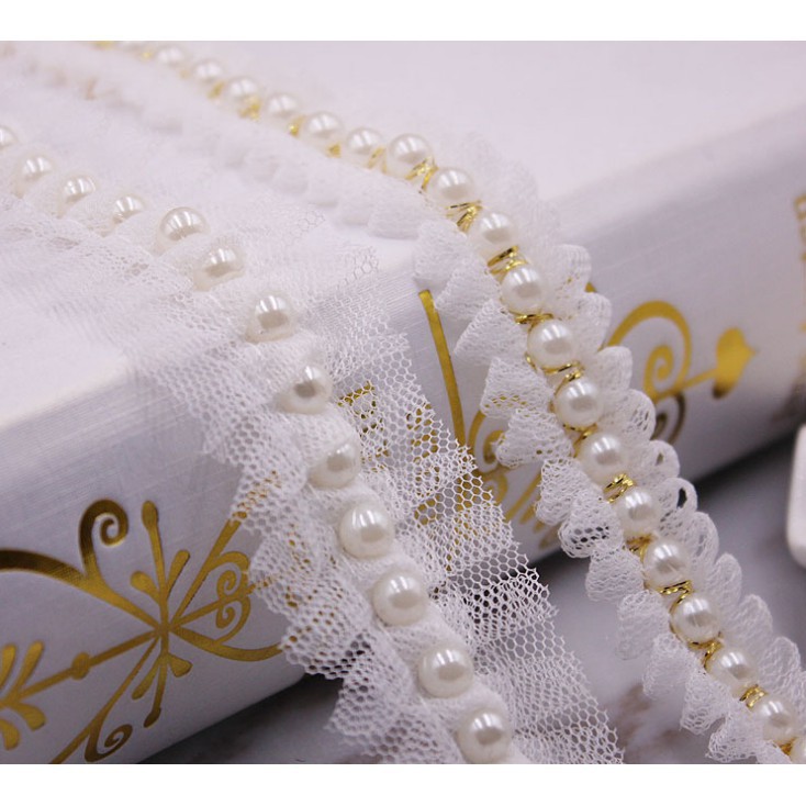 Dải dây ren phối hạt ngọc trai trắng chuyên dùng đính váy cưới phong cách sang trọng