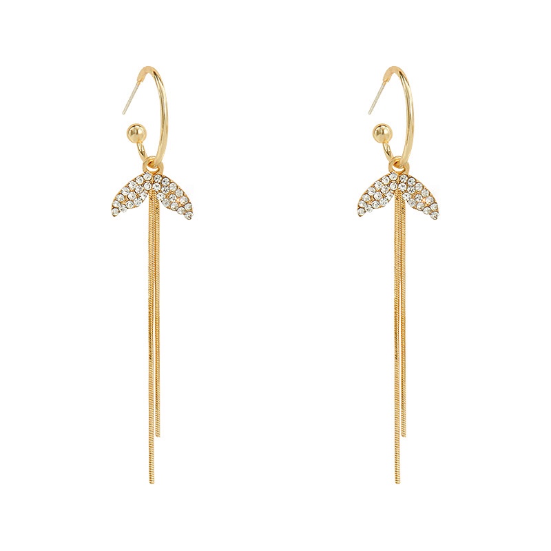 Bông Tai Mạ Bạc 925 Hình Đuôi Cá Dáng Dài Đính Đá Phối Tua Rua Thời Trang