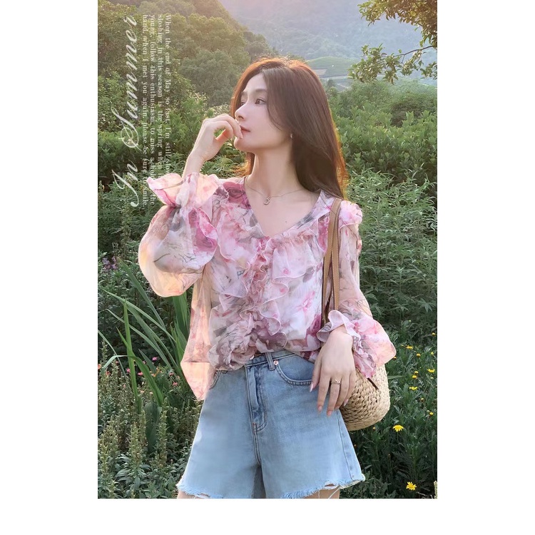 Áo Sơ Mi Voan Tay Dài Họa Tiết Hoa Phong Cách Vintage Hàn Quốc Cho Nữ