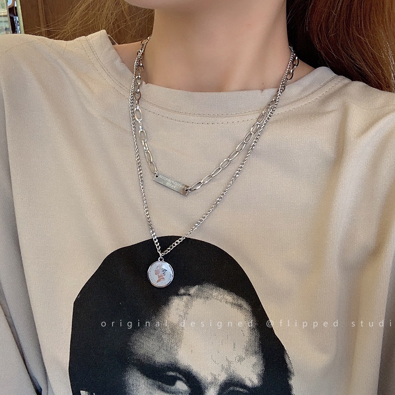 Vòng cổ Hai Lớp Mặt Thẻ Tròn Đơn Giản Phong Cách Hàn Quốc