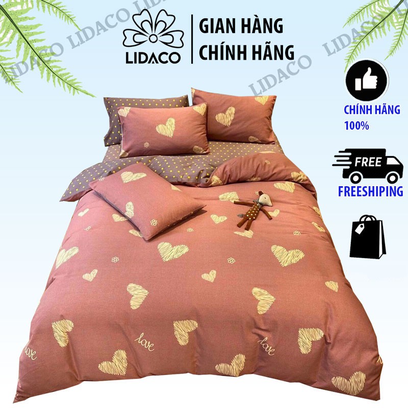 Bộ chăn ga gối cotton poly Lidaco decor phòng ngủ vintage Tim Vàng (SP001313)