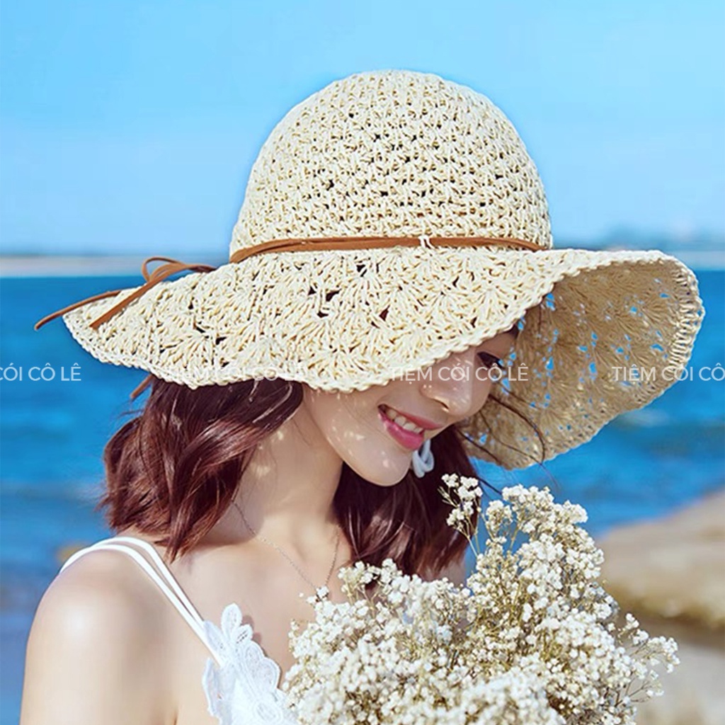Nón cói đi biển thắt nơ vành đan hoa thưa, mũ cói vành rộng đi biển - Tiệm Cói Cô Lê