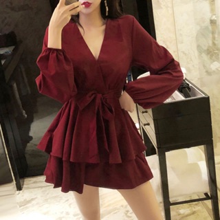 Đầm đỏ đô tầng tay dài (kèm hình thật)