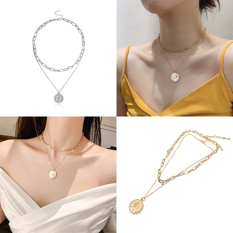 Dây chuyền nhiều lớp mặt hình đồng xu trẻ trung thời trang cho nữ
