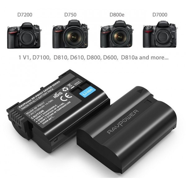 Bộ 2 Pin và sạc RAVPower EN-EL15 cho Nikon D600, D610, D750, D800, D800E, D810, D850, D7000, D7100